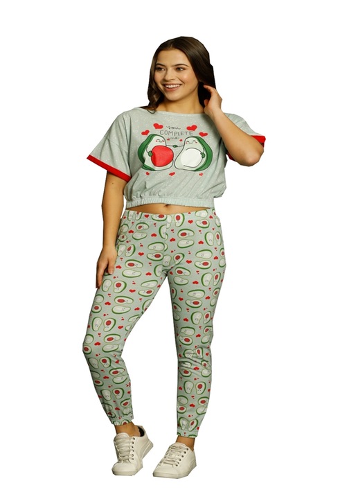 Pijama dama bumbac, pantaloni lungi bluza cu maneca scurta, imprimeu avocado, Verde deschis