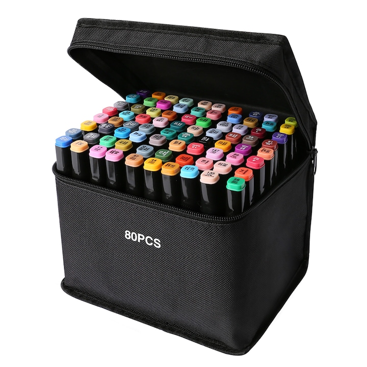 Set 80 markere, Nierbo®, 2 capete subtire si gros, cu geanta de depozitare, multicolore