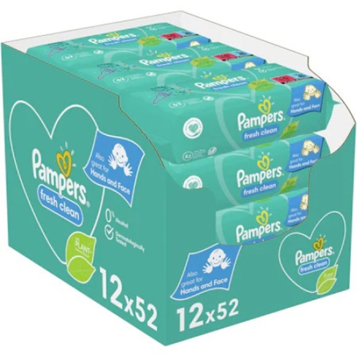 Set 12 pachete servetele umede a cate 52 bucati Pampers Fresh Clean, cu capacitatea de absorbtie ridicata
