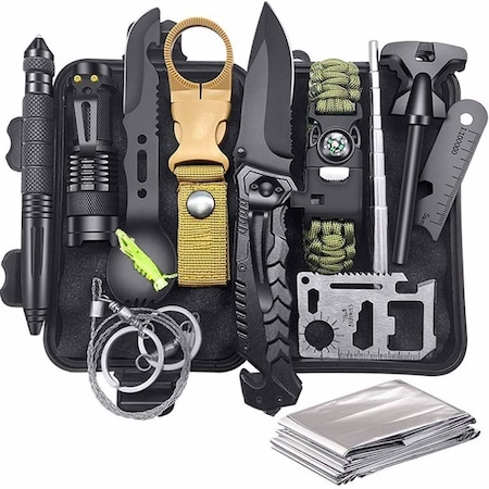 Kit supravietuire, 14 piese, excelent pentru drumetii, vanatoare, pescuit, camping