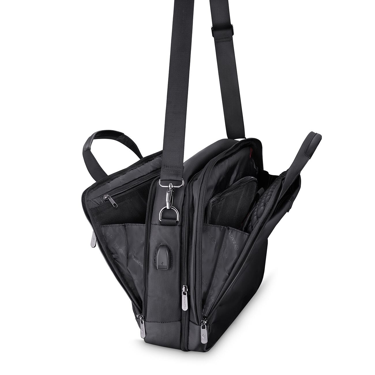Geanta laptop, Zagatto Oxford, 17.3", 33x46x17.5 cm, Negru, Manere din piele ecologica, Buzunar Rfid Secure, Atasabila la troler, Impermeabila, Buzunar laptop captusit cu spuma antisoc, Multifunctionala, ZG133