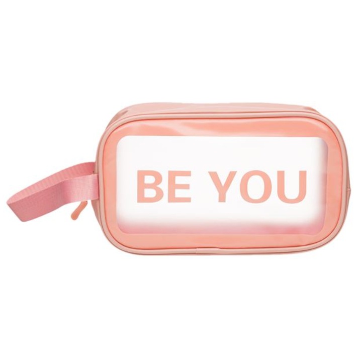 Portfard cu un maner rezistent si imprimeu "BE YOU", Roz, 24 x 9 x 15 cm