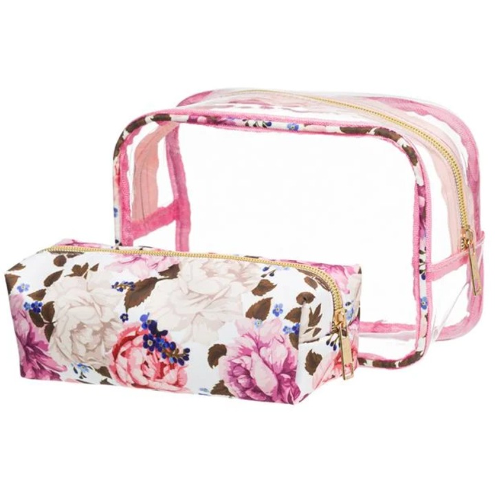 Комплект портфейл с флорален дизайн, Розов / прозрачен, 2 бр