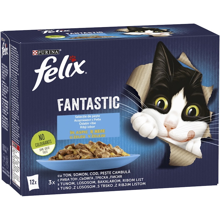 Мокра храна за котки Felix Fantastic Ton, Сьомга, Треска, Риба камбула с аспик, 12 x 85 гр