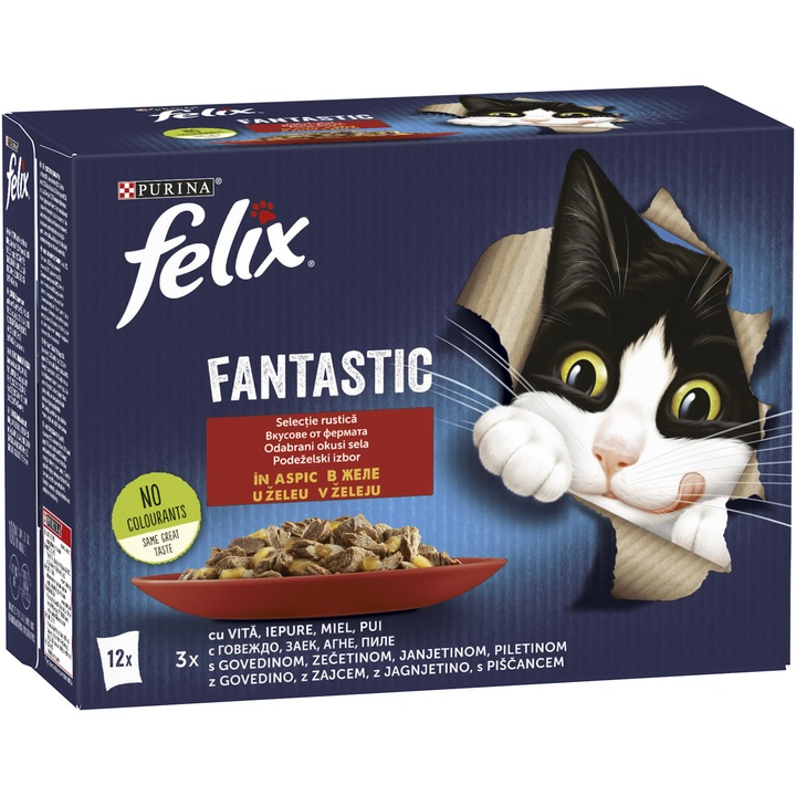 Hrana umeda pentru pisici Felix Fantastic Pui, Vita, Iepure, Miel in Aspic, 12 x 85g
