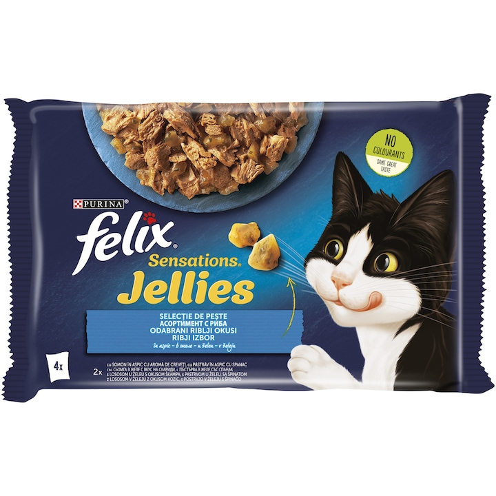 Мокра храна за котки Felix Sensations Сьомга със скариди, Пъстърва със спанак в заливка, 4 x 85 гр