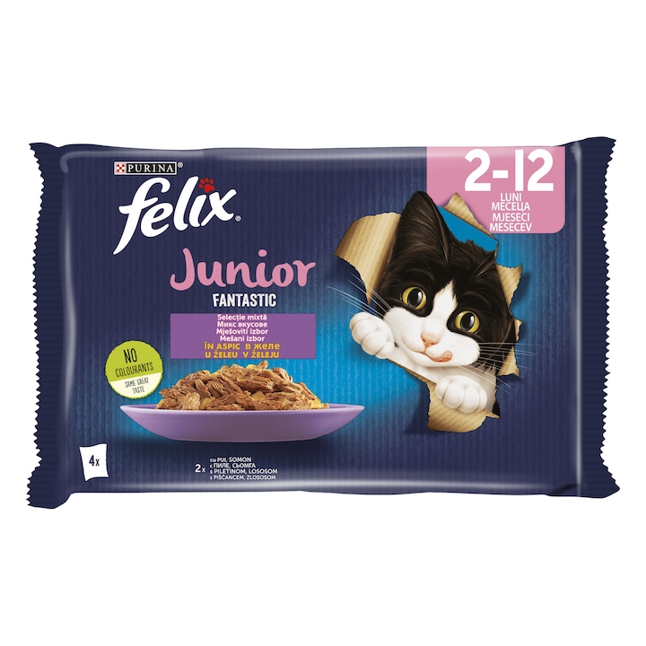 Hrana umeda pentru pisici Felix Fantastic Junior Pui in Aspic, 4 x 85g