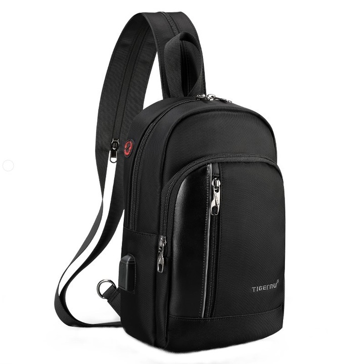 Váll-, mell- vagy kézitáska, alkalmi, vízálló, USB töltőporttal és audiokábel-nyílással, Tigernu, 30x17x10 cm, fekete