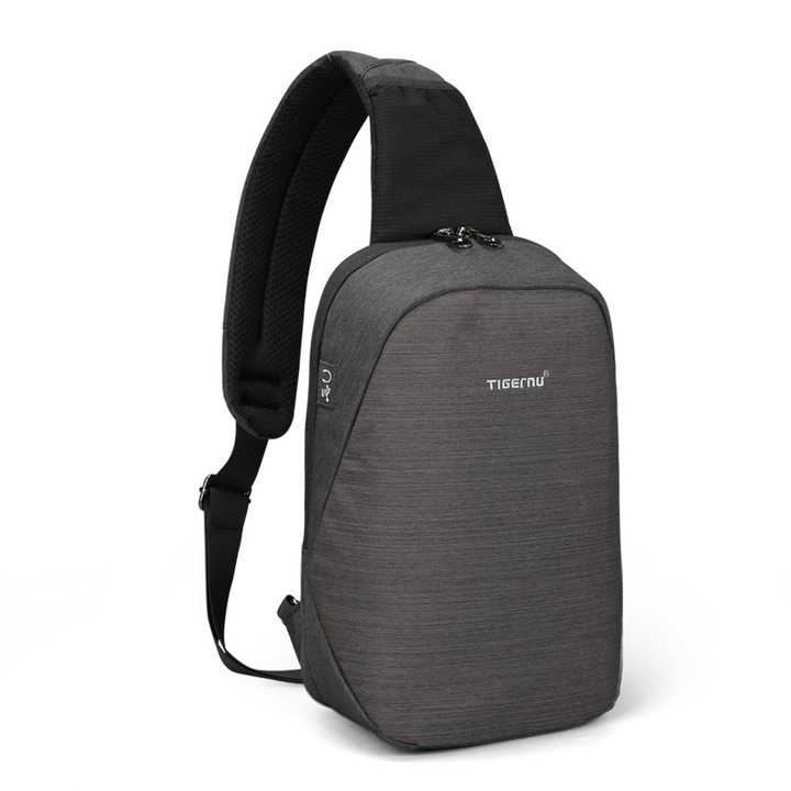 Váll- vagy melltáska, smart casual, vízálló, audio vagy USB kábel lyukkal, Tigernu, 32x20x11 cm, sötétszürke