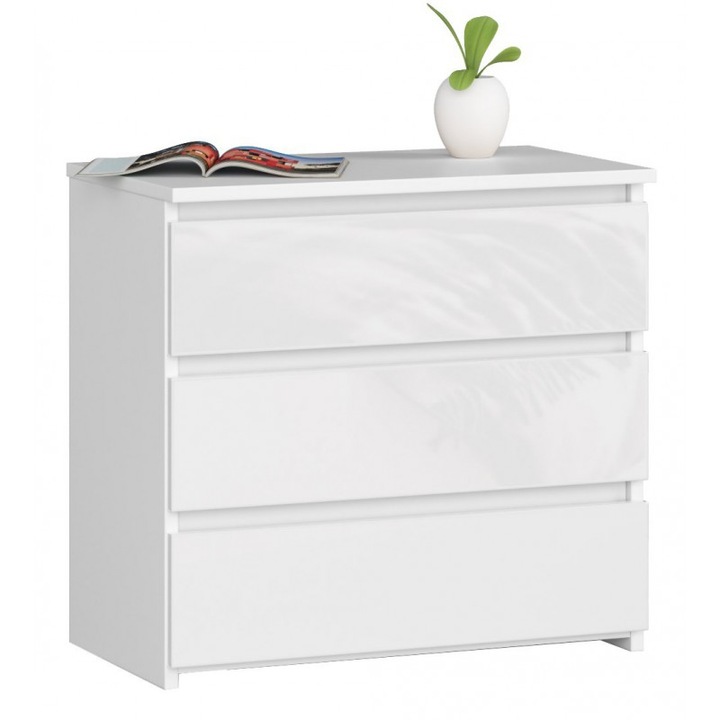 Comoda Akord Furniture Factory, 3 Sertare, 57 x 60 x 35 cm, Pal, Alb lucios