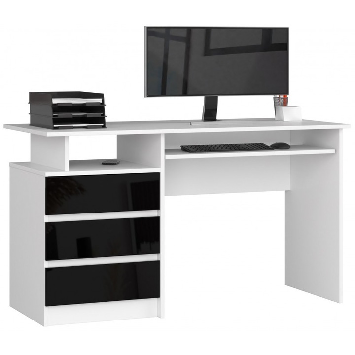 Birou cu 3 sertare Akord Furniture Factory, CLP, PAL/MDF, 135x77x60 cm, Alb/Negru lucios
