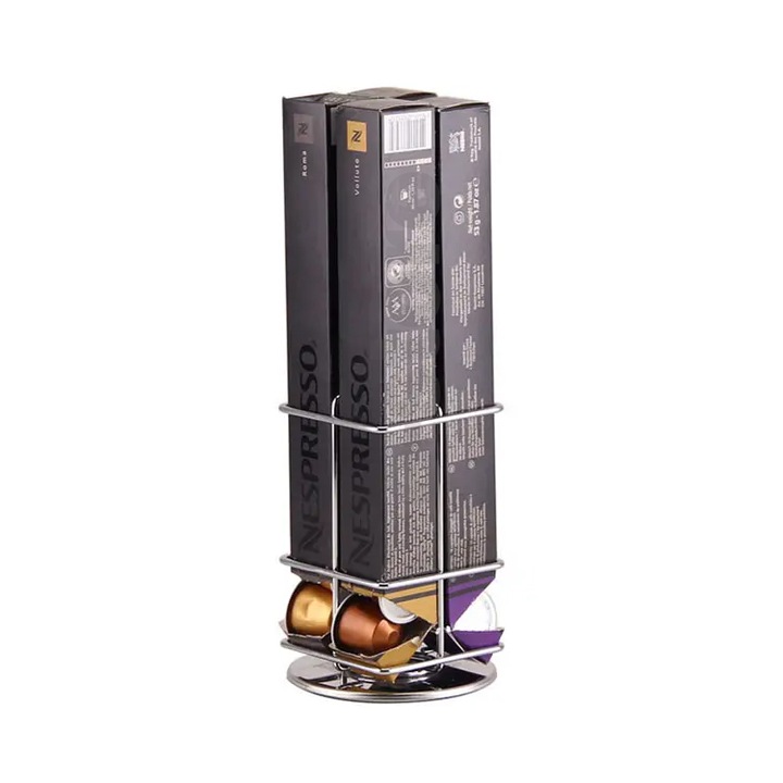 Suport 4 cutii capsule Nespresso, rotativ, argintiu, metal, 15x10.5 cm