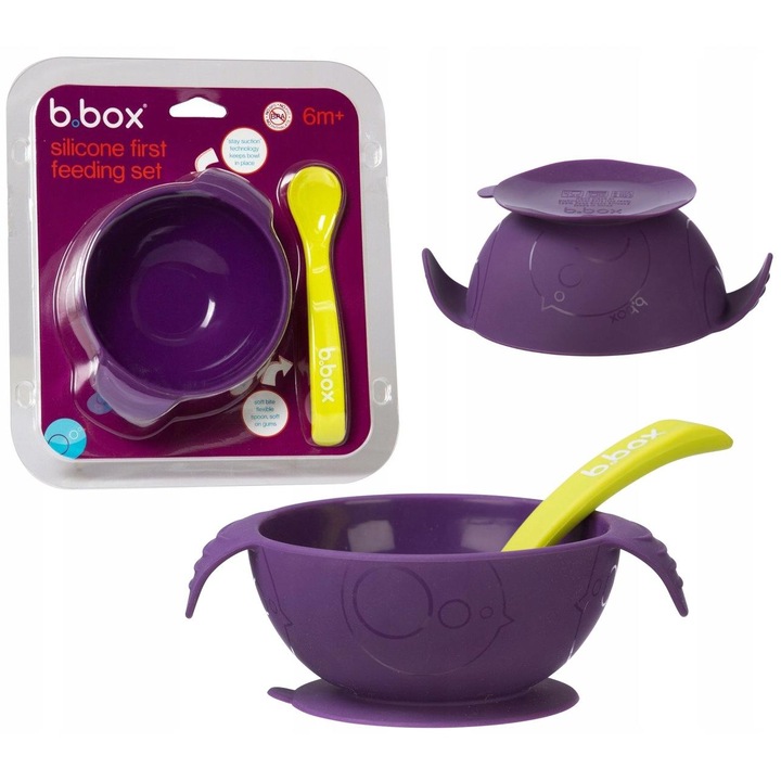 Castron cu ventuza si lingura, B.Box, Silicon, 6+ luni, Mov