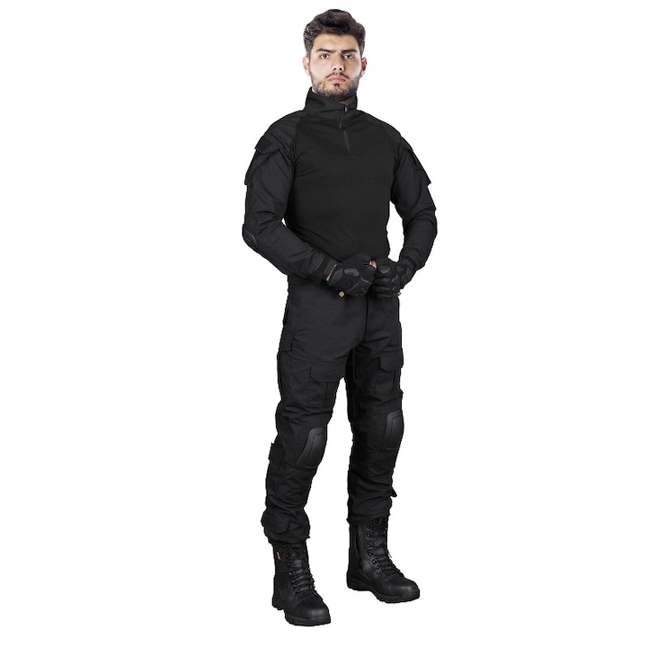 Set costum pantaloni si bluza de protectie, Tactical Guard, cu buzunare multiple si genunchiere, negru, marimea M
