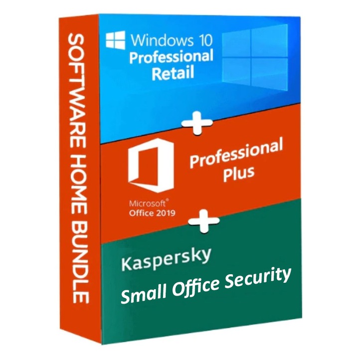 Csomagcsomag Windows 10 Pro, Microsoft Office Pro Plus 2019, 10 darab és Kaspersky Small Office Security 10