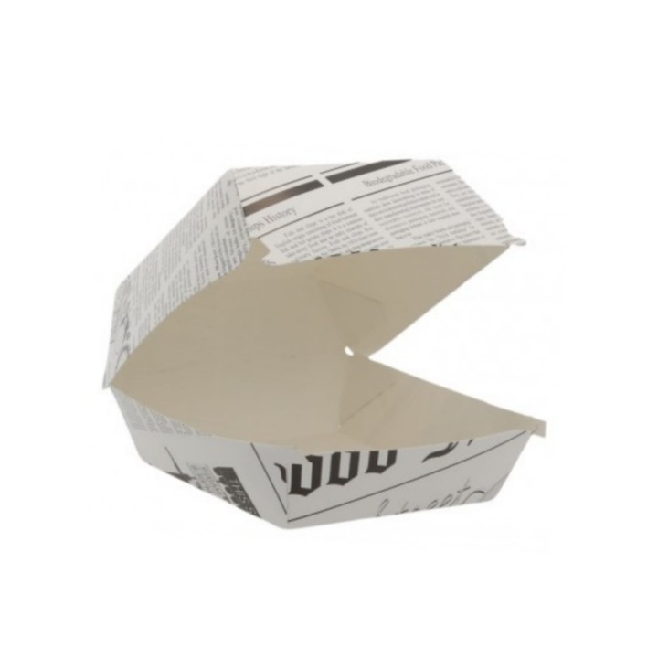 Set cuti carton pentru burger model ziar, 50 buc, dimensiune 12x12x8.5 cm