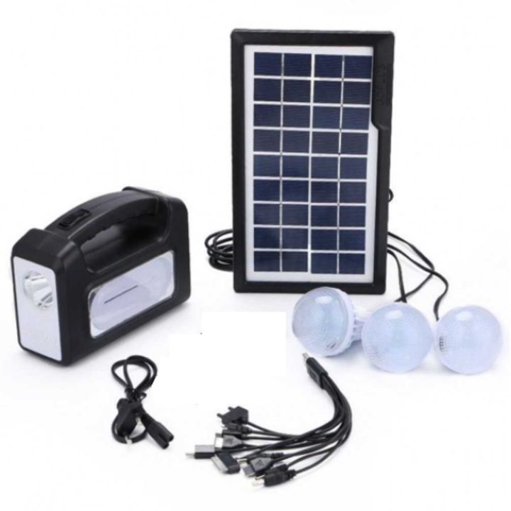 Комплект соларна осветителна система GDLITE, Powerbank, 3 LED крушки, Черен