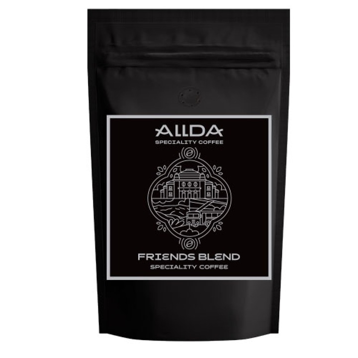 Кафе на зърна ALLDA Speciality Coffee, Friends Blend, 100 % арабика, липса на киселинност, с нотки на шоколад и печени бадеми и послевкус на карамел, 1000 гр