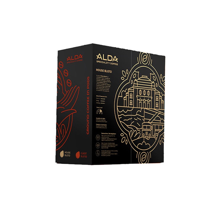 Кафе дози ALLDA Speciality Coffee, House Blend, 100 % арабика, селекция от 4 качествени кафета с вкус на ликьор и обвити в шоколад круши,750 гр., 100 броя