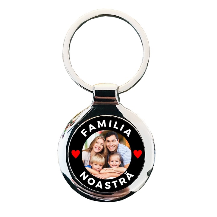 Breloc personalizat cu poza Familia noastra, forma rotunda, otel inoxidabil, 3x3x0.3 cm