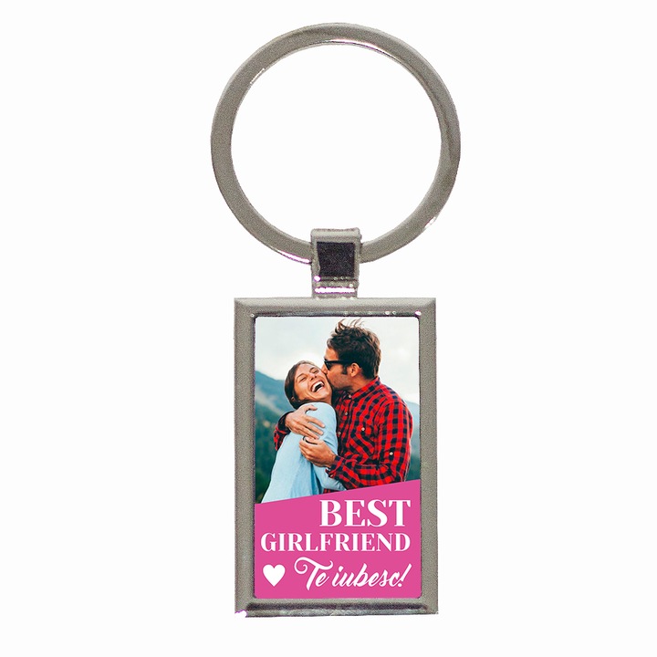 Breloc personalizat cu poza Best girlfriend, otel inoxidabil, 4x2.5x0.3 cm