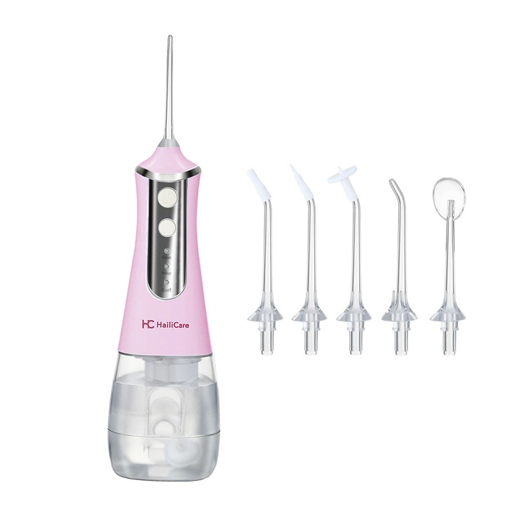 Hailicare® Szájzuhany, 5 program, 350 ml-es tartály, 5 fúvóka tartozék, ip x6 védelem, 800mA akkumulátor, rózsaszín