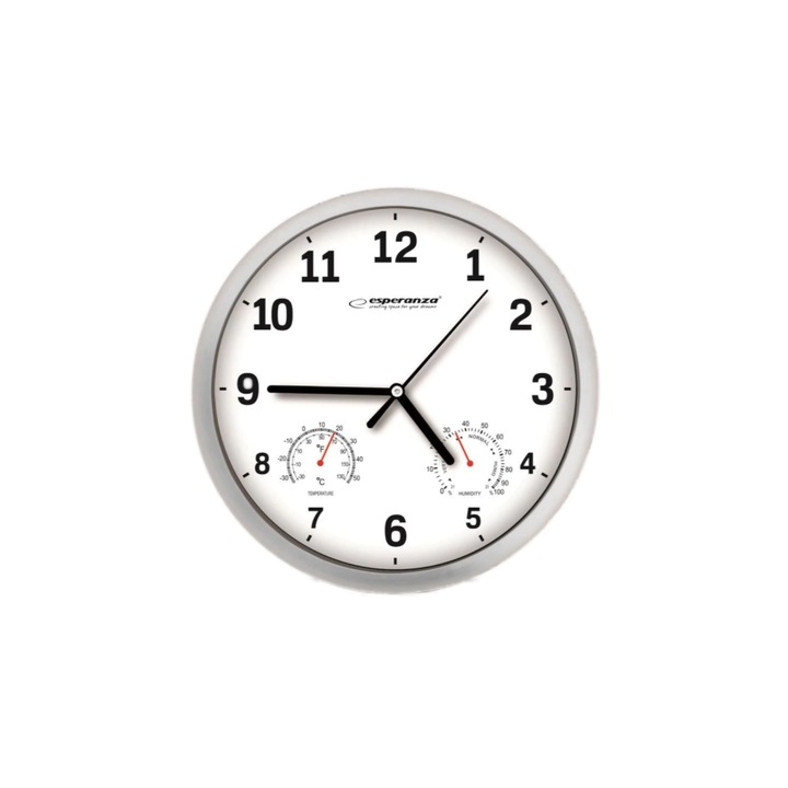 Стенен часовник, модел с термометър и хидрометър, пластмаса, размери 25х3,6 см, бял