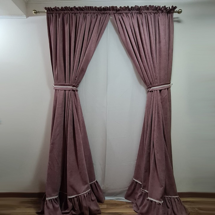 Set Draperii Rustic Roz cu Dantela, 2 buc x 300 cm lungime / 220 cm inaltime