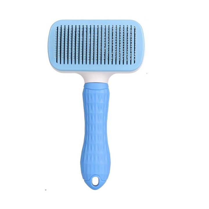 Perie pentru curatarea si ingrijirea parului de caini si pisici, cu buton auto-curatare, 19x10.5x6 cm, Bleu