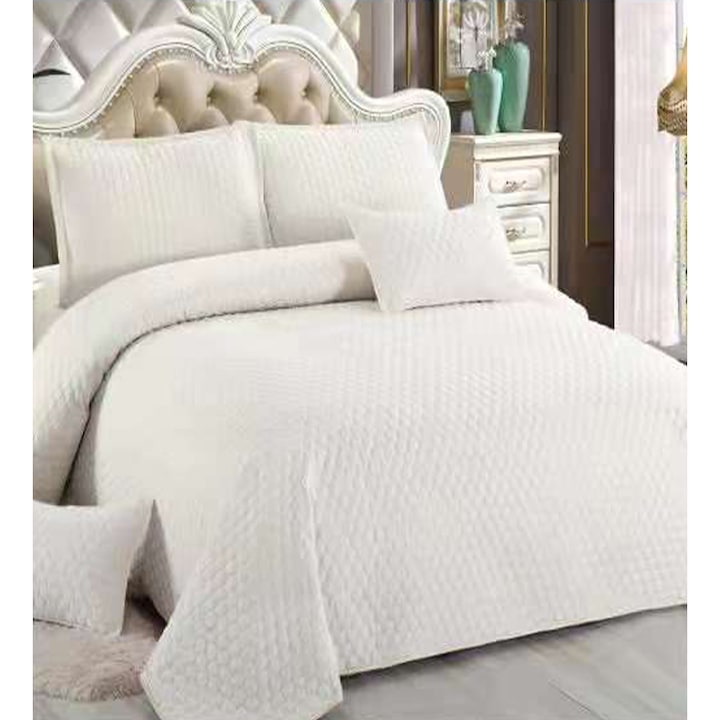 Set cuvertura de pat, matlasata, cu 4 fete de perna, din policoton, tesatura ranforce, alb, E260-06, 220x240 cm