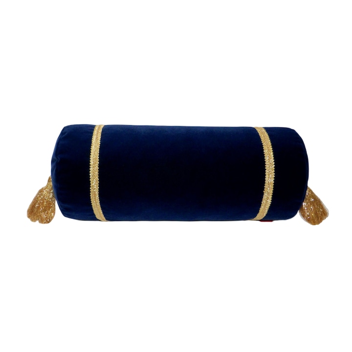 Цилиндрична декоративна възглавница тъмно синьо кадифе и златисто 40 см x 18 см Zalnok