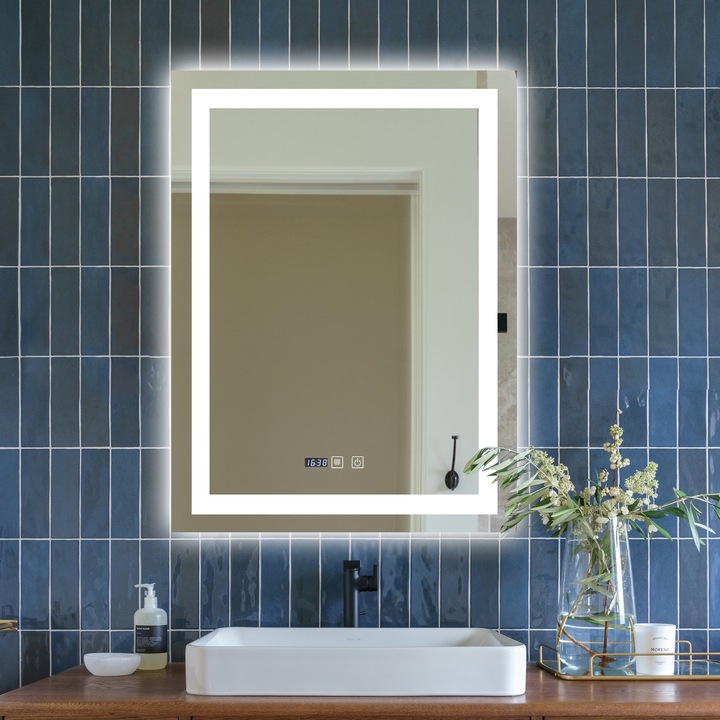 Fürdőszobatükör LED világítással, páramentesítő funkcióval, órával és hőmérővel 60 x 80 cm N09