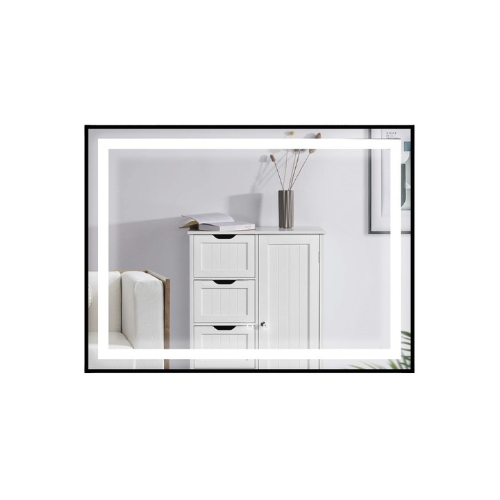 Tükör téglalap alakú LED világítással, 80 x 60 cm, fekete alumínium kerettel