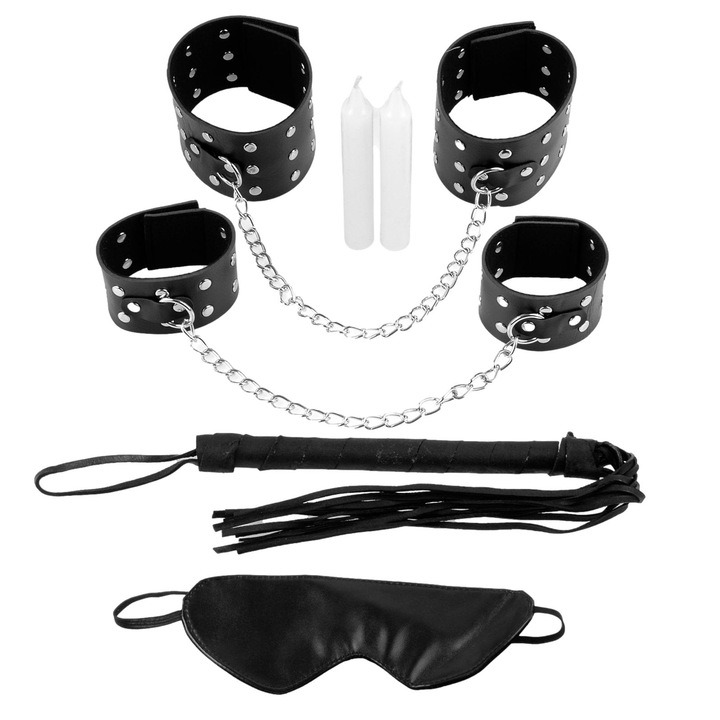 Set bondage, Fetish Fantasy Series, Chains of Love Kit, catuse maini si picioare, bici, masca, negre, 2 lumanari