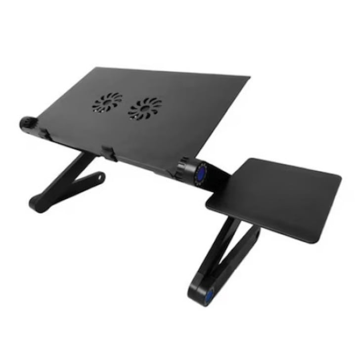 Masa laptop din aluminiu, eSimplu®, sistem dublu ventilare tip coller usb, inaltime reglabila, picioare reglabile, negru, 42 x 26 cm