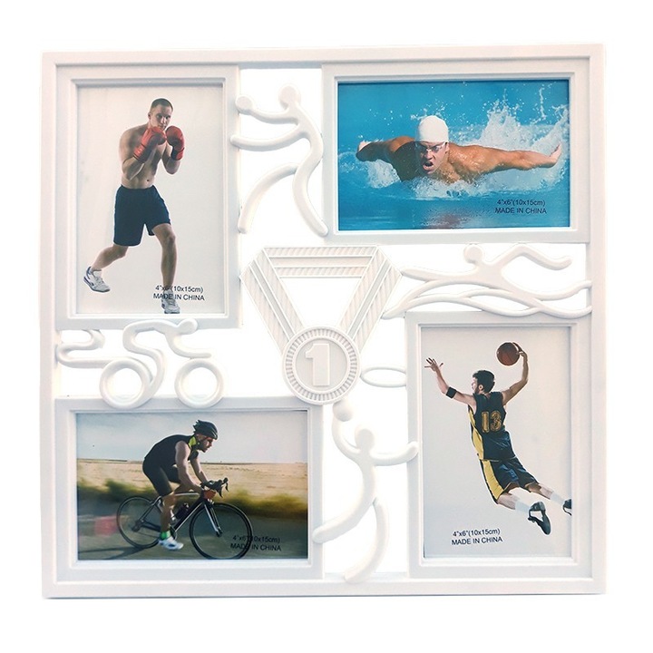 Rama foto din plastic cu sportivi si spatii pentru patru poze, 33x32cm, alb