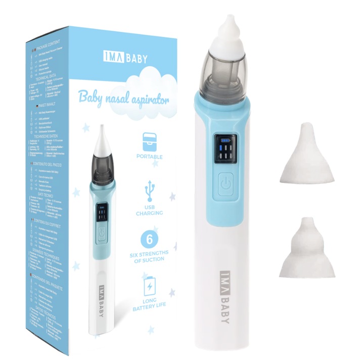 Aspirator nazal electric IMA Baby pentru bebelusi si copii silentios, 6 Trepte de Aspirare, Portabil, cu Incarcare USB, cu Baterie reincarcabila 500mAh, Putere de aspirare 65 kpa, 2 Capete de silicon, albastru