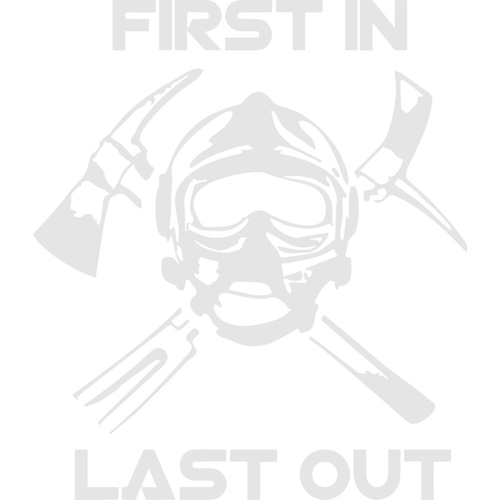Sticker auto "Pompier firefighter, first in last out'', 20x33cm, Alb