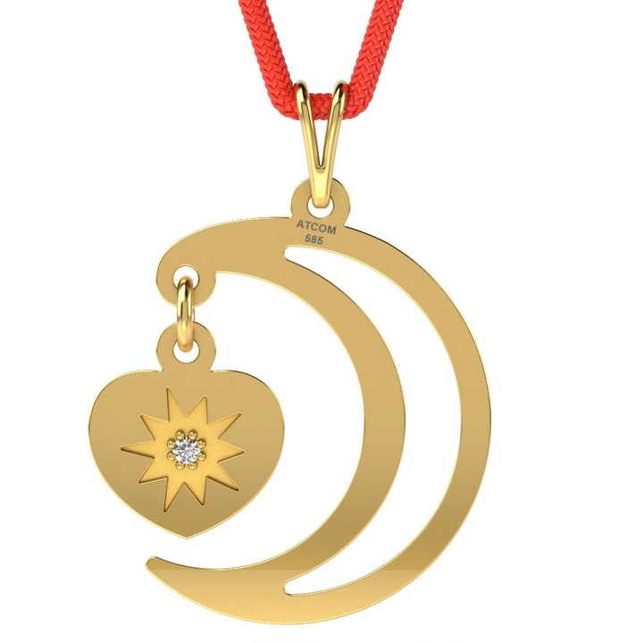 Pandantiv din aur galben cu snur rosu model Moon and heart