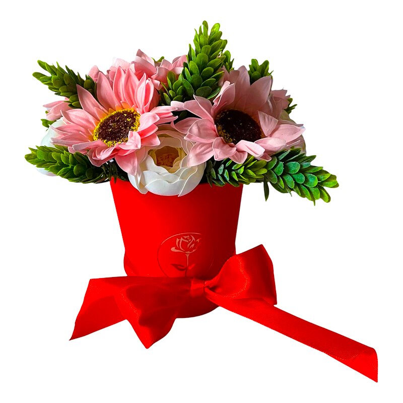 Aranjament floral cu Ranunculus alb si Gerbera roz 18x20cm - eMAG.ro