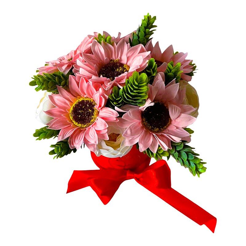 Aranjament floral cu Ranunculus alb si Gerbera roz 18x20cm - eMAG.ro
