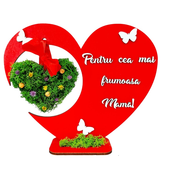 Inima rosie lemn cu mesaj si licheni naturali