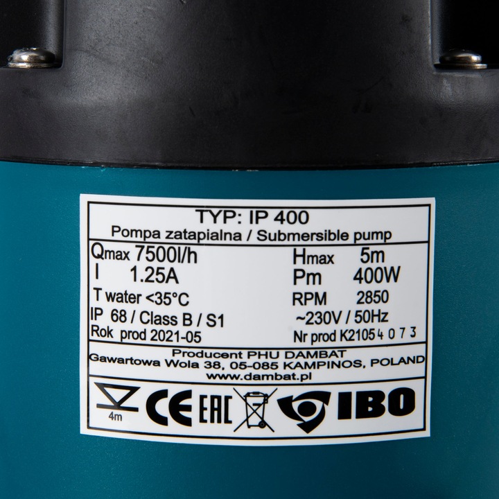 Pompa apa murdara IBO Dambat IP 400, 400W, 125 l/min, submersibila
