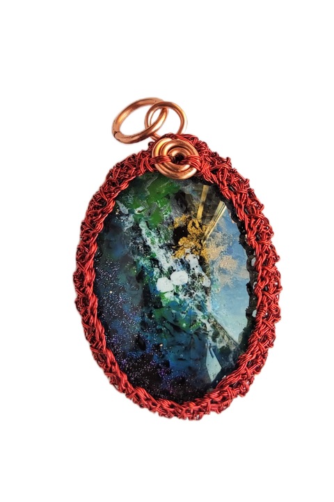 Pandantiv cu Sticla pictata manual, metal din Cupru, Multicolor, 4 cm