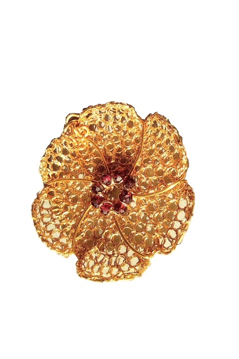 Pandantiv floare din sarma crosetata cu granate, sarma de Gilt, Auriu, 5 cm