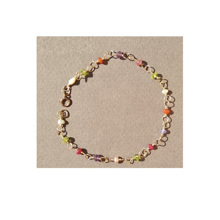 Bratara din Goldfilled, peridot, carneol, turmalina, tanzanite, rubin, Multicolor, 18.5 cm