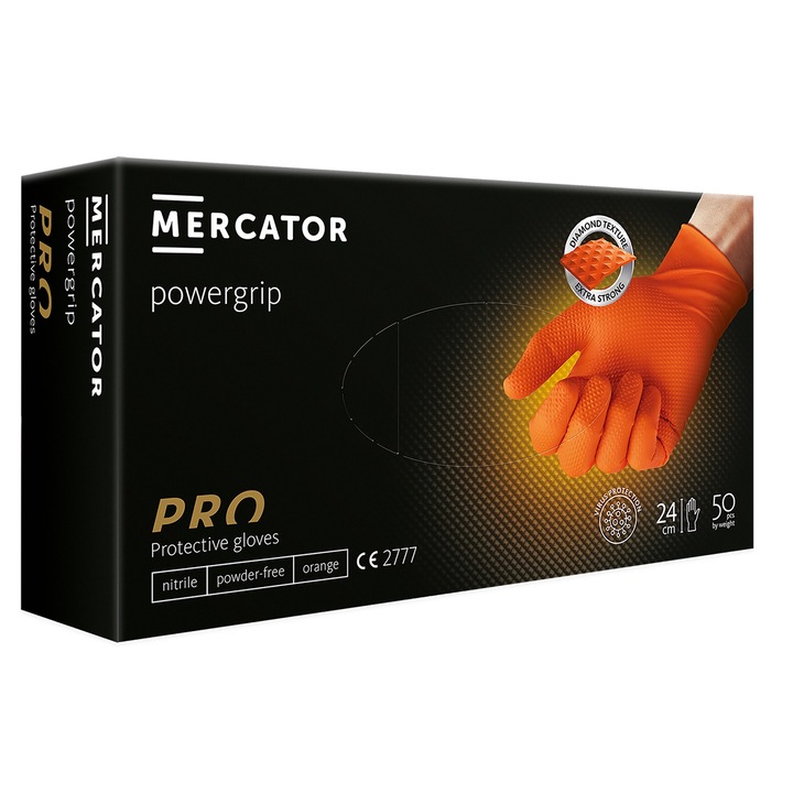Set 50 bucati Manusi Mercator PowerGrip, Nitril, groase si rezistente, textura diamant, protectie la substante chimice, portocaliu, marimea XL