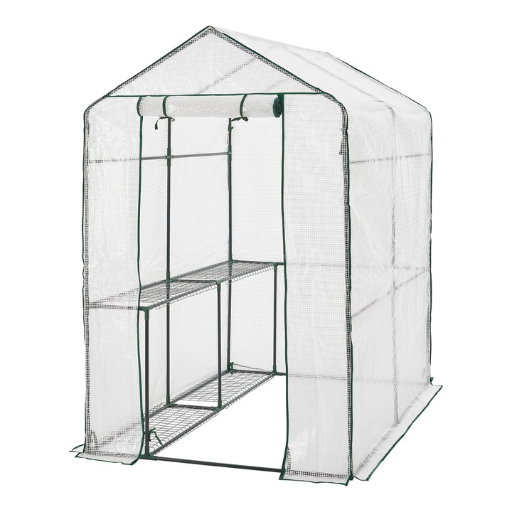 [en.casa] Fóliasátor polcokkal Oosterhout 120 x 186 x 190 cm fehér / áttetsző horganyzott acélcső/polietilén rácsfólia