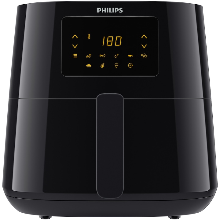 Фритюрник без мазнина Philips Airfryer Essential Collection HD9270/90, Капацитет 6,2 л, Дигитален дисплей, 7 предварително зададени настройки, XL размер, Дигитален дисплей, Технология Rapid Air, Функция за поддържане на топлината, Лесно почистване, Черен