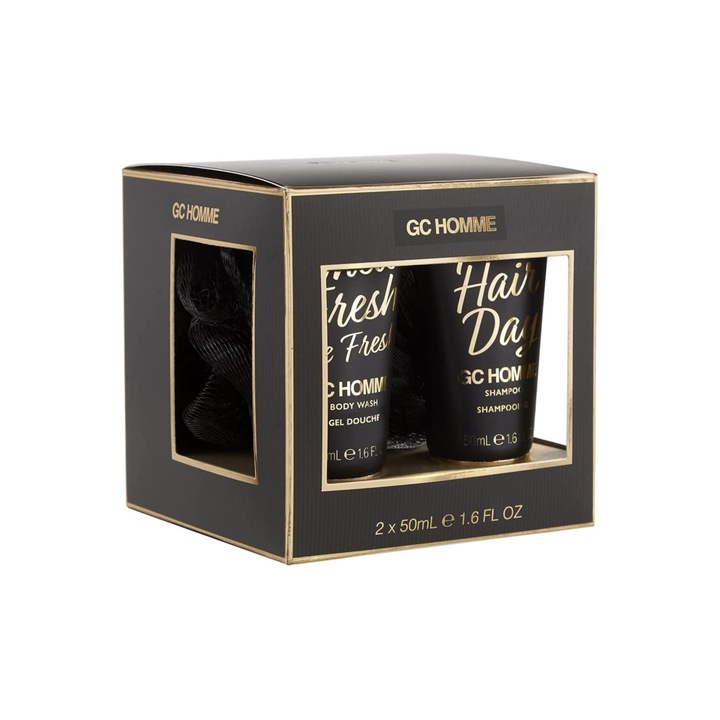 Set 3 Piese GC Homme, Gel Dus 50 ml, Sampon 50 ml, Scrub Pentru Corp, Mandarina, Paciuli Picant